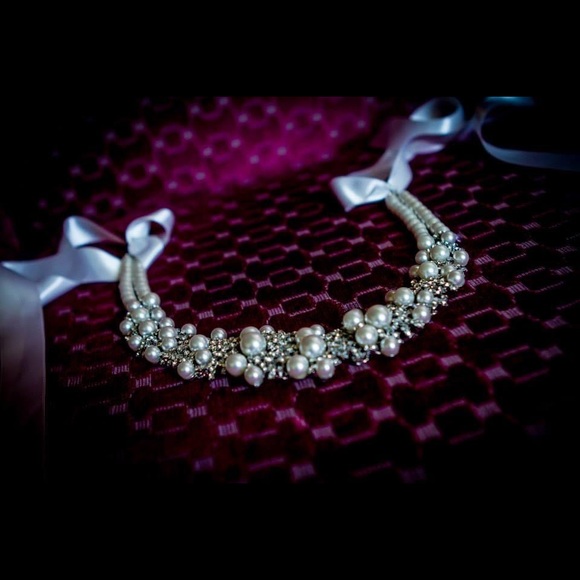 Pearl & crystal rhinestone necklace w/ adjustable / replaceable ribbon wedding - Picture 6 of 7